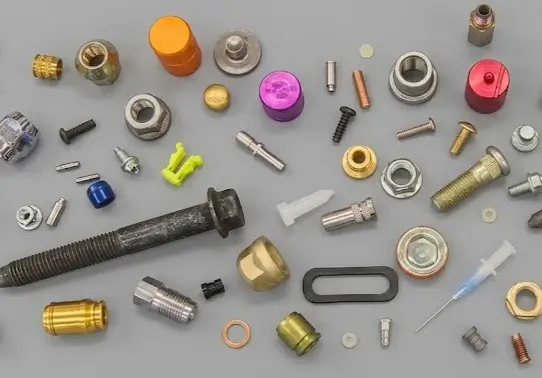 Flat lay of assorted small parts including bolts, nuts, fittings, screws, and colored machined pieces on a gray background.