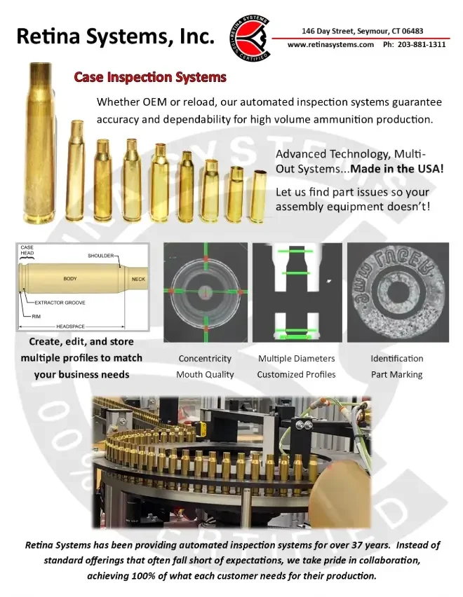 Retina Systems, Inc. “Case Inspection Systems” flyer showing multiple cartridge cases and inspection examples like concentricity, mouth quality, multiple diameters, and identification/part marking.