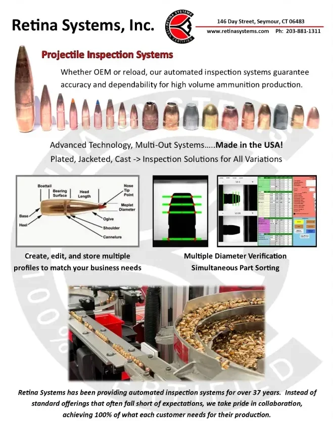 Retina Systems, Inc. “Projectile Inspection Systems” flyer with different bullet types and inspection screens for diameter verification and part sorting.